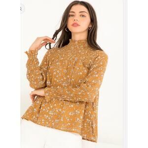 THML Mustard Smocked Floral Blouse Ruffle Sleeve Boho Chic Top Size Medium